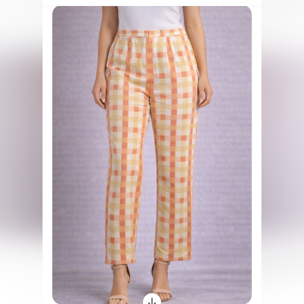Free People Yellow & Peach Gingham Pants | Size 8